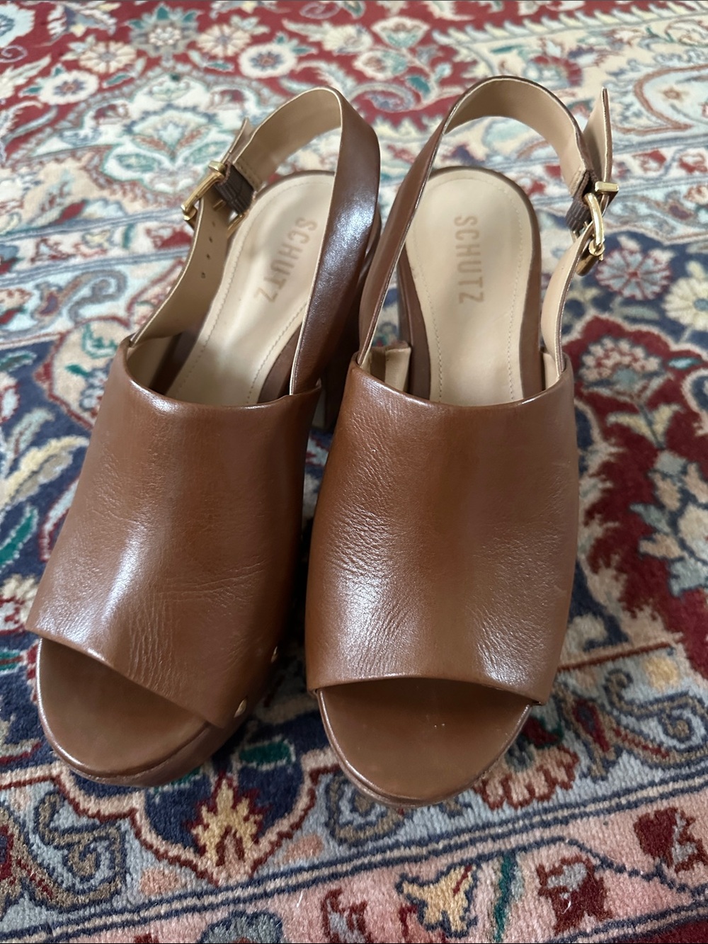 SCHUTZ YEDA DARK CARAMEL Leather Platform Clog Sandals with Stud Accents - Picture 2 of 7